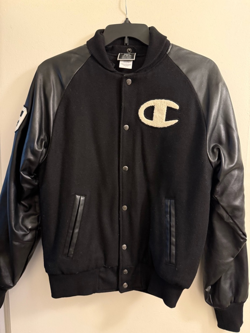 Champion Black Wool-Blend Varsity Jacket with White Logo